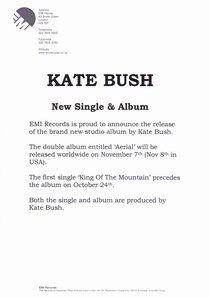 Oficjalna informacja EMI na temat daty wydania nowego, studyjnego, podwójnego albumu Kate oraz pierwszego singla z tej płyty...